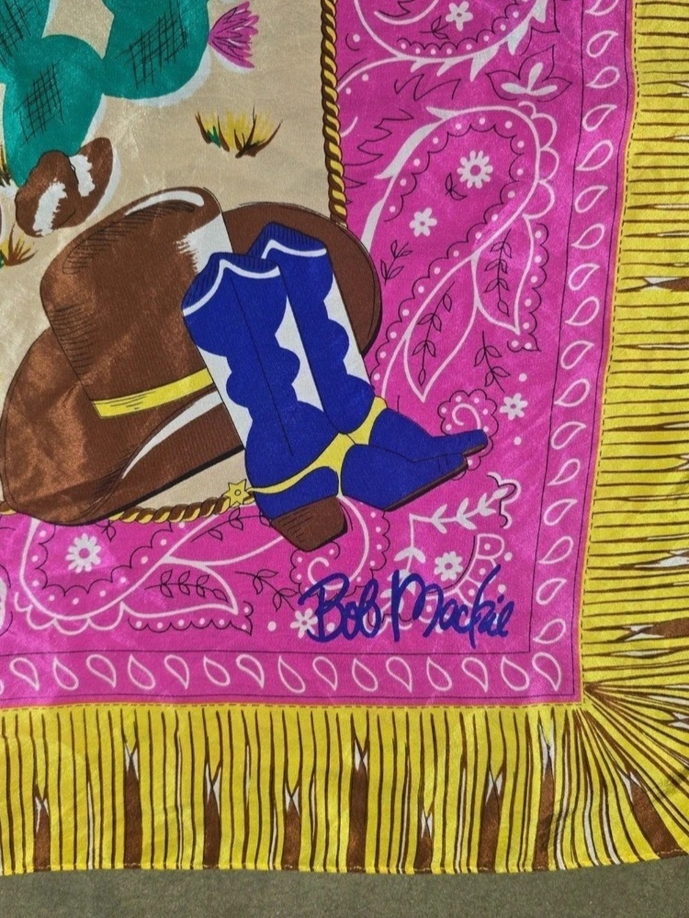 Vintage Bob Mackie Wearable Art Bronco Billy Western Silk Scarf Pink & Blue - Picture 3 of 9